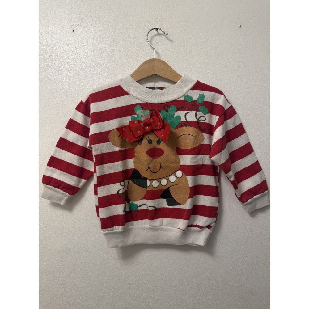 VTG 80s Play Clothes Kids 3D Moose Christmas Sweater Red White Striped 3T USA
